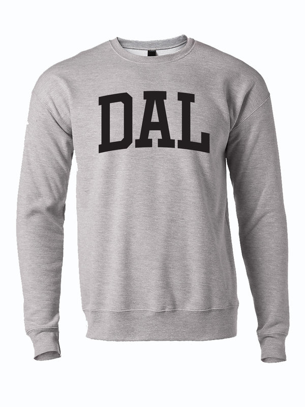 gray crewneck sweater with text "DAL" in Dallas Texas