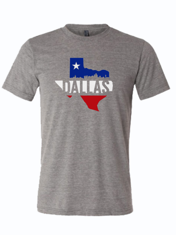 Dallas Texas silhouette in red white and blue with a star