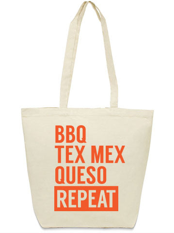 BBQ Tex Mex Queso Repeat Canvas tote bag from Bullzerk in DFW