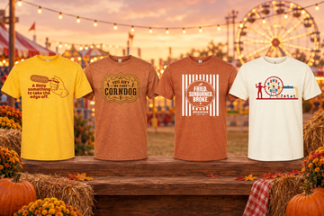 Four Bullzerk Texas fair T-shirts with corny dog and fair-day designs