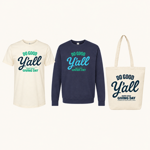 North Texas Giving Day collection preview with a Do Good Y'all T-shirt, navy crewneck, and tote bag