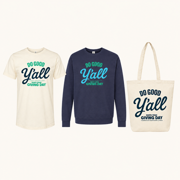 North Texas Giving Day collection preview with a Do Good Y'all T-shirt, navy crewneck, and tote bag