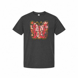 Charcoal Saint Dolly T-shirt with colorful tribute lettering centered on a white background
