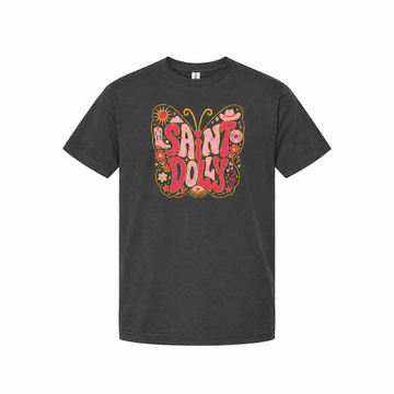 Charcoal Saint Dolly T-shirt with colorful tribute lettering centered on a white background