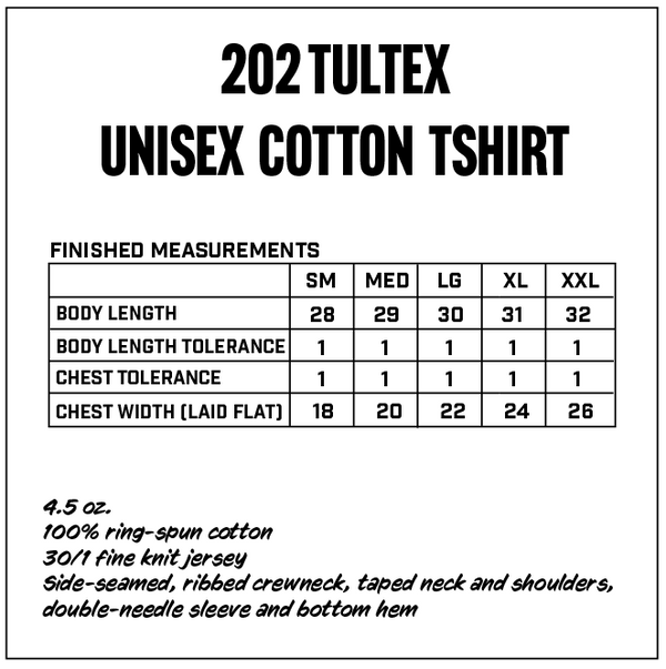Measurement chart for 202 Tultex Unisex Cotton Tshirt with size chart and fabric details.