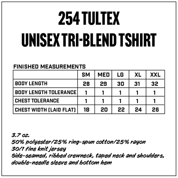 Measurement chart for a 254 Tultex unisex tri-blend t-shirt with size specifications and fabric details.