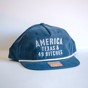 Embroidered 49 Bitches Hat in navy color featuring the text 'America Texas & 49 Bitches' on the front. Perfect Texas themed gift, this stylish cap is a great souvenir from Texas, making it an ideal choice for those seeking authentic Texan gifts and Dallas souvenirs.