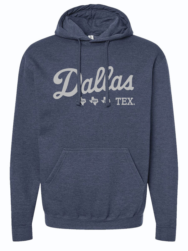 Dallas Area Codes Pullover Hoodie showcasing the word 'Dallas' in stylish script, perfect for any Texan looking for a cozy option. This hoodie is a great Texas themed gift, representing Texas Made Gifts and ideal as a souvenir from Texas. It's a must-have for anyone seeking a dallas souvenir or unique texan gifts.