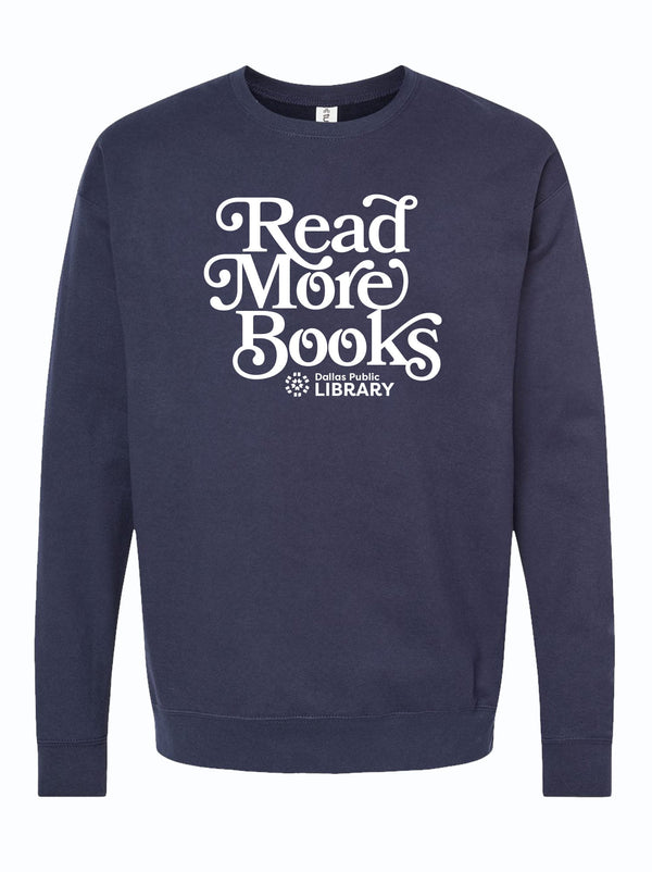 Read More Books Crewneck Sweater featuring a stylish design, promoting literacy and supporting the Dallas Public Library. This cozy Texas themed gift is perfect as a souvenir from Texas or for anyone looking for unique Texan gifts and Texas Made Gifts.