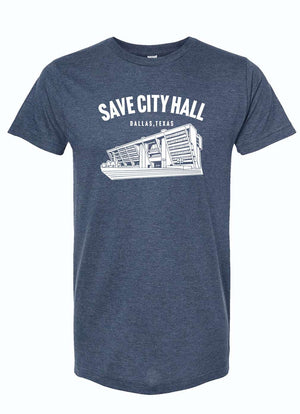 Denim blue t-shirt with 'Save City Hall Dallas, Texas' text and graphic of building.