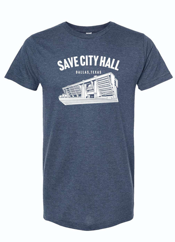 Denim blue t-shirt with 'Save City Hall Dallas, Texas' text and graphic of building.