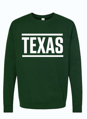 Texas Stripes Crewneck Sweater in green featuring bold 'TEXAS' print. Perfect Texas themed gift for those who love Texas Made Gifts. This cozy sweatshirt makes a great souvenir from Texas or Dallas souvenir for anyone wanting to show off their Texan gifts spirit.