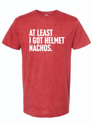 At Least I Got Helmet Nachos t-shirt design featuring bold white text on a red background, perfect for Texas themed gift enthusiasts. This stylish tee is a great option for those seeking Texas Made Gifts or souvenirs from Texas, especially for fans of Dallas souvenirs and Texan gifts.