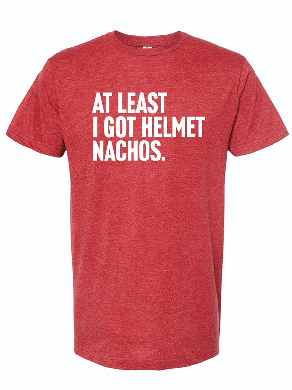 At Least I Got Helmet Nachos t-shirt design featuring bold white text on a red background, perfect for Texas themed gift enthusiasts. This stylish tee is a great option for those seeking Texas Made Gifts or souvenirs from Texas, especially for fans of Dallas souvenirs and Texan gifts.