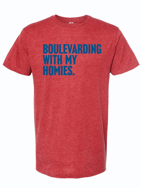 A stylish red unisex tee featuring the phrase 'Boulevarding With My Homies' in blue. Perfect for showing off your Texan pride, this shirt makes a great Texas themed gift. Ideal for Texas Made Gifts enthusiasts or someone looking for unique souvenirs from Texas, especially in Dallas, making it a perfect choice for Texan gifts.