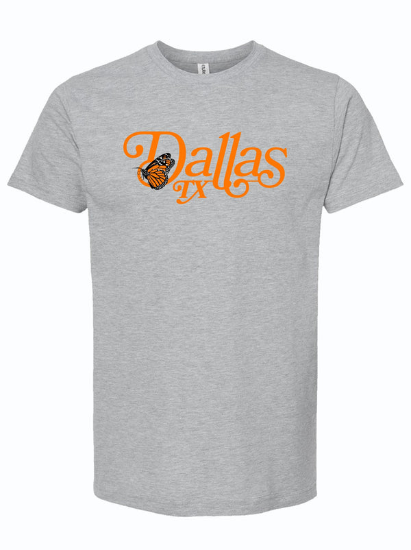 Light gray tshirt with a graphic of a monarch butterfly and orange text reading "Dallas Tx." 