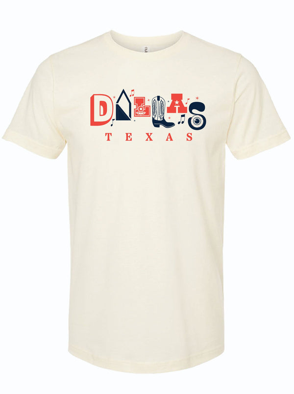 Cream tshirt with a red and navy graphic design of "Dallas Texas" written with clip art images. 