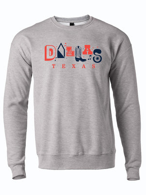 Dallas Clipart Crewneck Sweater showcasing a colorful graphic design featuring the word 'Dallas' with Texas symbols, perfect for a Texas themed gift, Texas Made Gifts, and souvenirs from Texas. Ideal for anyone looking for a dallas souvenir or texan gifts.