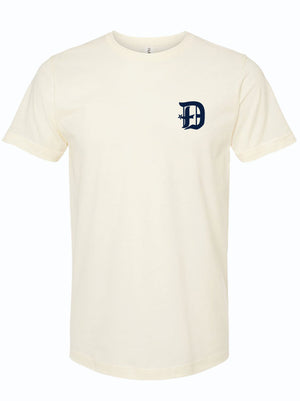 D Spur t-shirt featuring a navy 'D' logo, made from 100% ring-spun cotton. A perfect Texas themed gift and ideal for souvenirs from Texas, this unisex fine jersey tee embodies the essence of Dallas and makes for great Texan gifts.