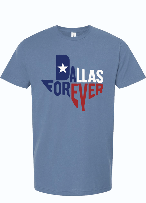 Slate Blue t-shirt with 'Dallas Forever' design in the shape of Texas printed in red, white and blue ink. 