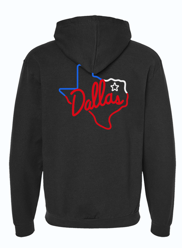 Back view of the Dallas Neon Zip Up Hoodie showcasing a vibrant Texas outline design, perfect for anyone looking for a Texas themed gift. This Dallas hoodie makes an ideal Texas Made Gift or souvenir from Texas, representing Dallas style and Texan pride.
