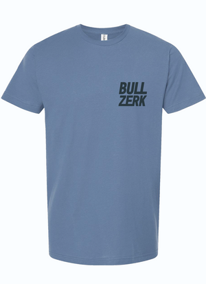Front view of the Bullzerk t-shirt showcasing the brand logo, a great option for Texas themed gifts, Texas Made Gifts, souvenirs from Texas, dallas souvenir, and texan gifts.
