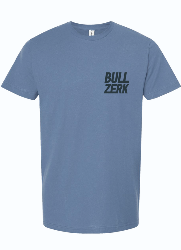 Front view of the Bullzerk t-shirt showcasing the brand logo, a great option for Texas themed gifts, Texas Made Gifts, souvenirs from Texas, dallas souvenir, and texan gifts.