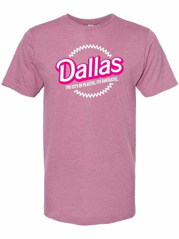 Mauve t-shirt with 'Dallas' text in pink and white in a circle design. 