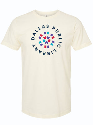 Cream t-shirt with 'Dallas Public Library' circular logo printed across the chest