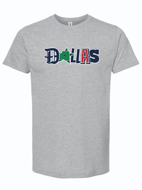 Gray tshirt with a graphic design of the text "Dallas" written with different sports related letters. 