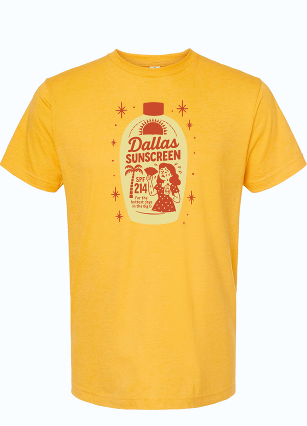 Yellow t-shirt with a graphic design of a sunscreen bottle with the text "Dallas Sunscreen" and a woman cartoon sweating. 