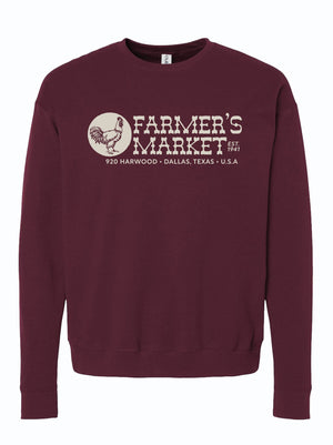 Farmers Market Chicken Crewneck Sweater in maroon with chicken graphic, perfect as a Texas themed gift. A cozy unisex fleece sweatshirt representing Texas, ideal for anyone seeking Texas Made Gifts or memorable souvenirs from Texas. A great choice for a Dallas souvenir or for giving as Texan gifts.