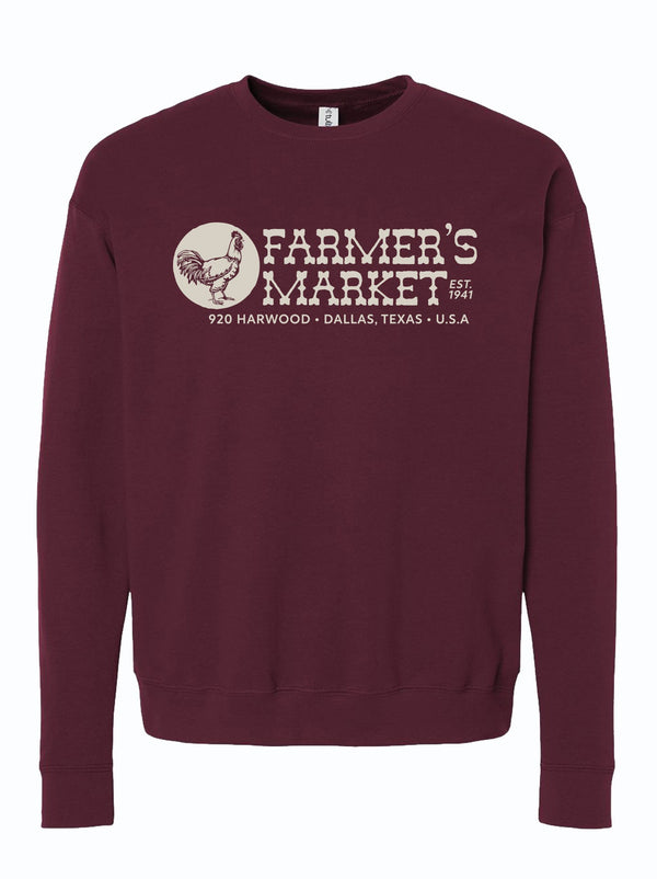 Farmers Market Chicken Crewneck Sweater in maroon with chicken graphic, perfect as a Texas themed gift. A cozy unisex fleece sweatshirt representing Texas, ideal for anyone seeking Texas Made Gifts or memorable souvenirs from Texas. A great choice for a Dallas souvenir or for giving as Texan gifts.