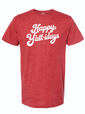 Red t-shirt with 'Happy Y'all-idays' text on a white background