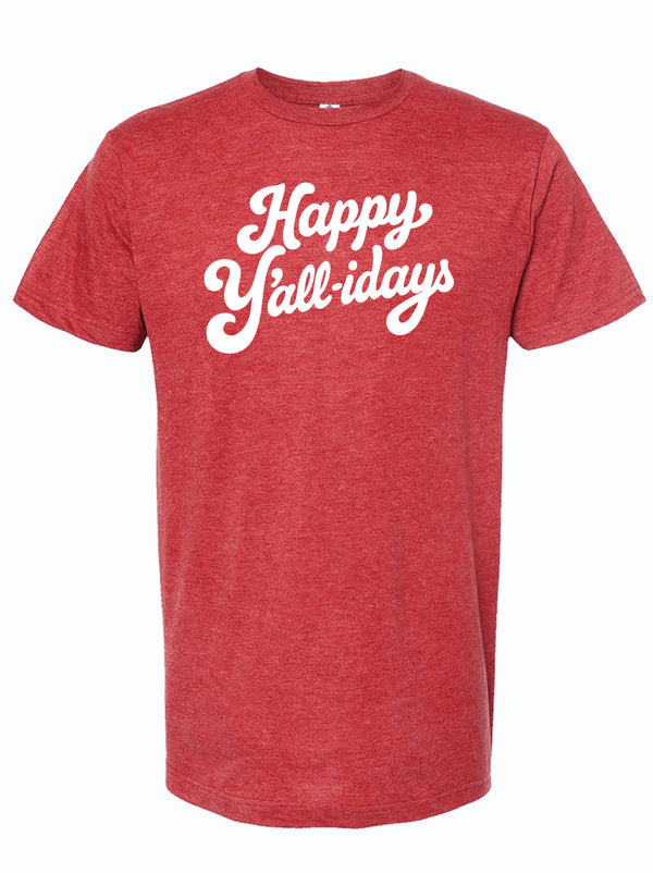 Red t-shirt with 'Happy Y'all-idays' text on a white background