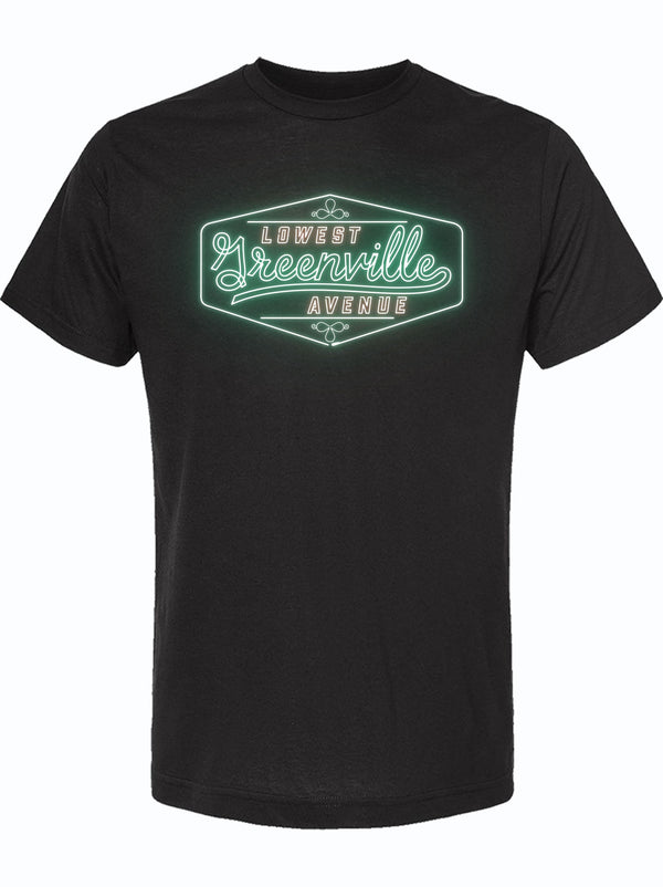 Black tshirt with a graphic design of a green and red neon sign that says "Lowest Greenville Avenue." 