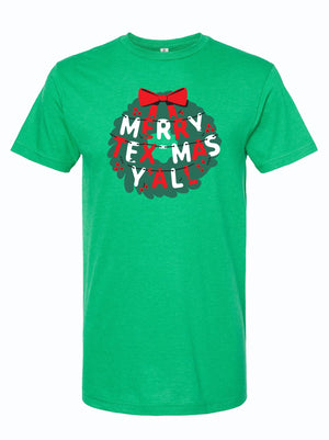 Merry Tex-Mas Y'all graphic t-shirt featuring a festive wreath design, perfect for the holidays. This vibrant green tee is an ideal Texas themed gift, showcasing the spirit of Texas with a playful twist. Great for adding to your collection of Texas Made Gifts or as a fun souvenir from Texas, especially for anyone in Dallas looking for unique Texan gifts.