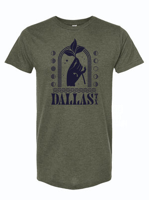 Mystic Dallas t-shirt featuring a hand and plant design, perfect as a Texas themed gift. This Texas Made gift showcases unique Dallas souvenirs, ideal for anyone looking for Texan gifts.