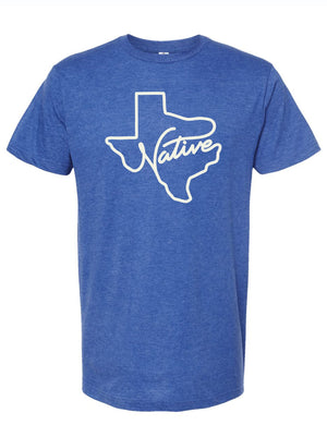 Native Texas themed t-shirt featuring a graphic of Texas and the word 'Native', perfect as a Texas themed gift, ideal for those seeking Texas Made Gifts, and a great choice for souvenirs from Texas or a Dallas souvenir.