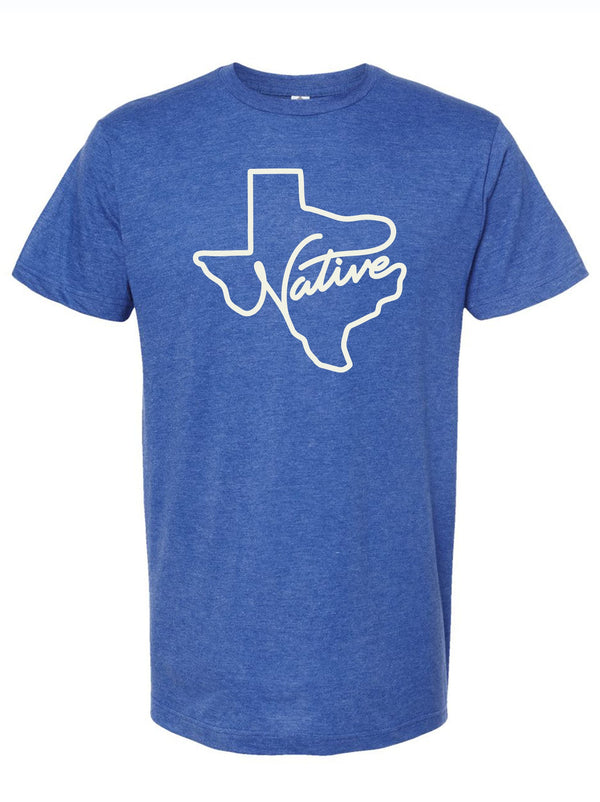 Native Texas themed t-shirt featuring a graphic of Texas and the word 'Native', perfect as a Texas themed gift, ideal for those seeking Texas Made Gifts, and a great choice for souvenirs from Texas or a Dallas souvenir.