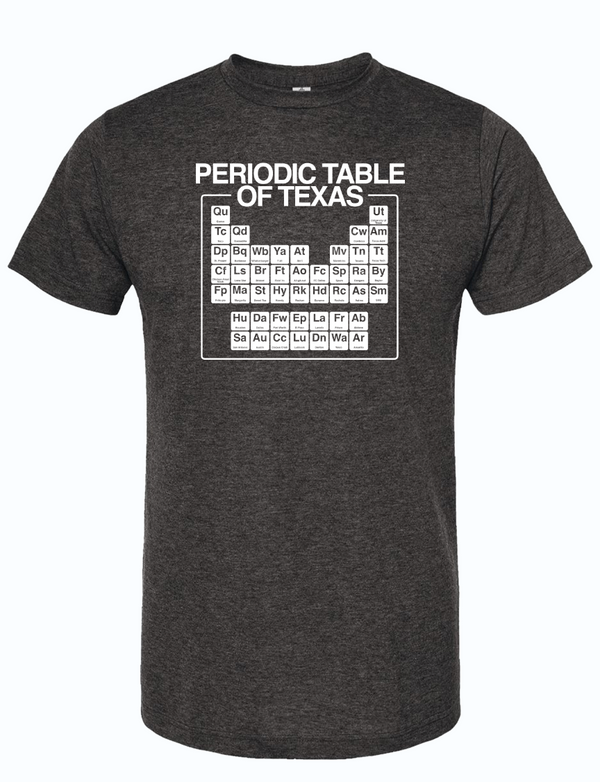 A gray t-shirt featuring the 'Periodic Table of Texas' design, showcasing iconic Texas cities and elements, perfect for a Texas themed gift, Texas Made Gifts, souvenirs from Texas, dallas souvenir, and texan gifts.