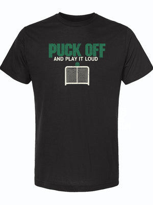 Puck Off unisex fine jersey tee in black featuring a playful graphic and text, perfect for ice hockey enthusiasts. Ideal as a Texas themed gift, these shirts represent Texas Made Gifts and are great souvenirs from Texas, making it a perfect Dallas souvenir and a stylish choice for those looking for Texan gifts.