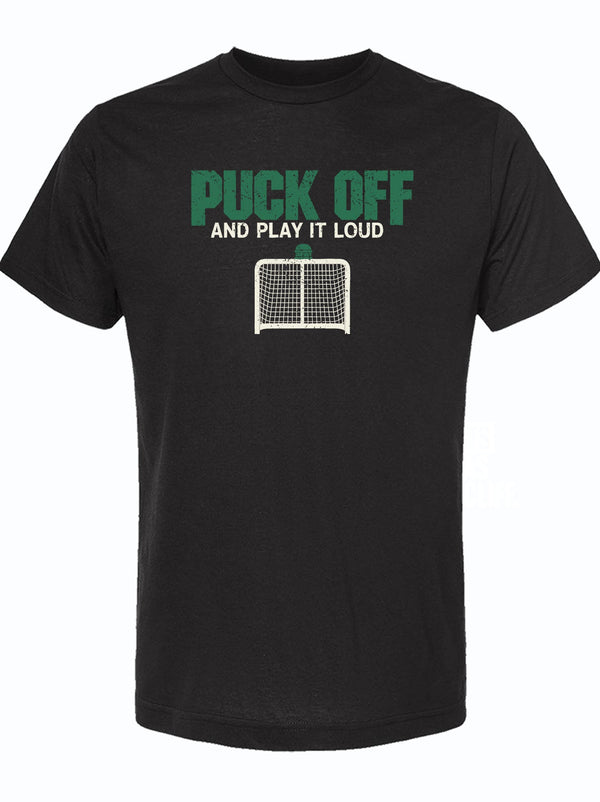 Puck Off unisex fine jersey tee in black featuring a playful graphic and text, perfect for ice hockey enthusiasts. Ideal as a Texas themed gift, these shirts represent Texas Made Gifts and are great souvenirs from Texas, making it a perfect Dallas souvenir and a stylish choice for those looking for Texan gifts.