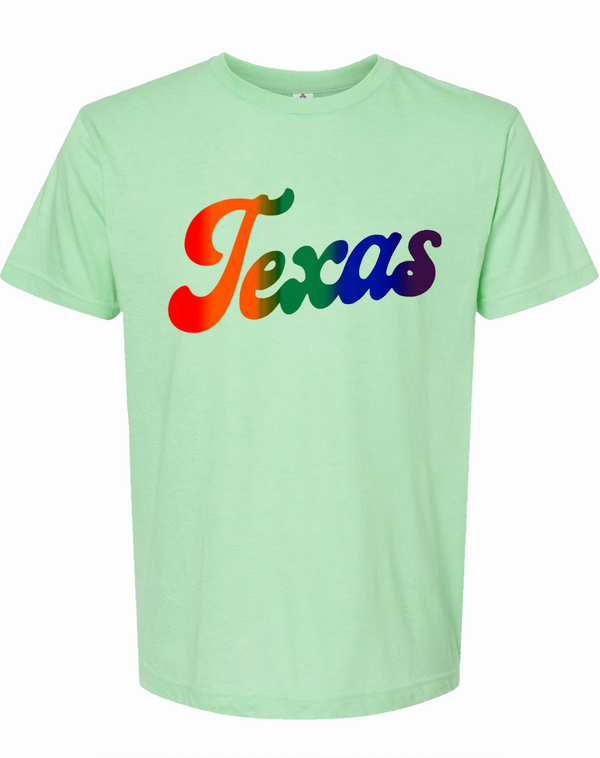 Rainbow Texas Script t-shirt in mint color, perfect for showcasing Texas pride. A vibrant design makes it an ideal Texas themed gift, Texas Made Gifts, or souvenirs from Texas for those who love the Lone Star State.