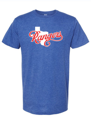 Rangers Script T-shirt in blue, featuring a stylish Texas outline and bold 'Rangers' typography. A perfect Texas themed gift or souvenir from Texas, ideal for fans and a great addition to any collection of Dallas souvenirs and Texan gifts.
