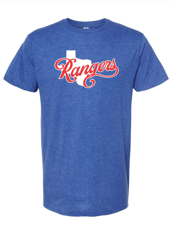 Royal blue tshirt with a graphic design of text reading "rangers" in a red script font on top of a white shape of Texas. 