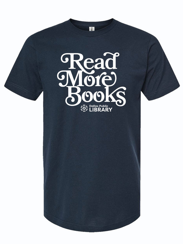 Stylish navy blue t-shirt featuring the slogan 'Read More Books' in bold white lettering, representing a partnership with the Dallas Public Library. This Texas themed gift is perfect for book lovers and makes a thoughtful Texas Made Gift or souvenir from Texas, showcasing pride for your local library as a unique Dallas souvenir. Ideal for anyone seeking authentic Texan gifts.