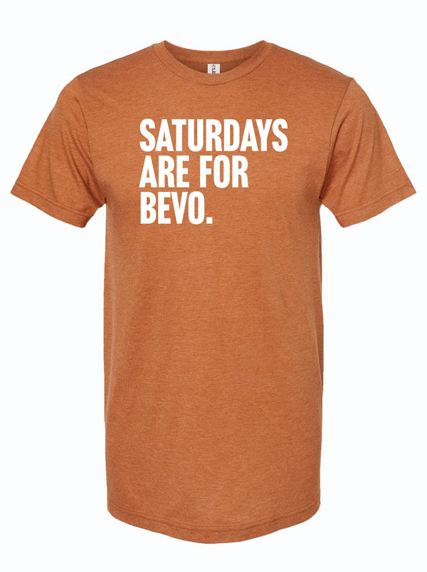 A stylish unisex fine jersey tee in burnt orange featuring the phrase 'Saturdays Are For Bevo.' This shirt makes a great Texas themed gift and is part of the Texas Made Gifts collection, perfect for fans and souvenirs from Texas. Ideal as a Dallas souvenir or a unique Texan gift.