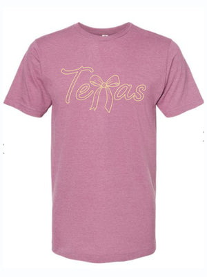 Texas Bow t-shirt featuring a stylish script design. This unisex fine jersey tee is perfect as a Texas themed gift, representing Texas made gifts and souvenirs from Texas. A must-have for anyone looking for a Dallas souvenir or Texan gifts that showcase state pride.