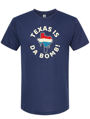 Texas is Da Bomb t-shirt featuring a Texas outline with colors representing the state. This shirt is perfect as a Texas themed gift for those who love Texas Made Gifts. Great for summer celebrations or as a souvenir from Texas, especially for Dallas. Ideal for anyone looking for unique Texan gifts!